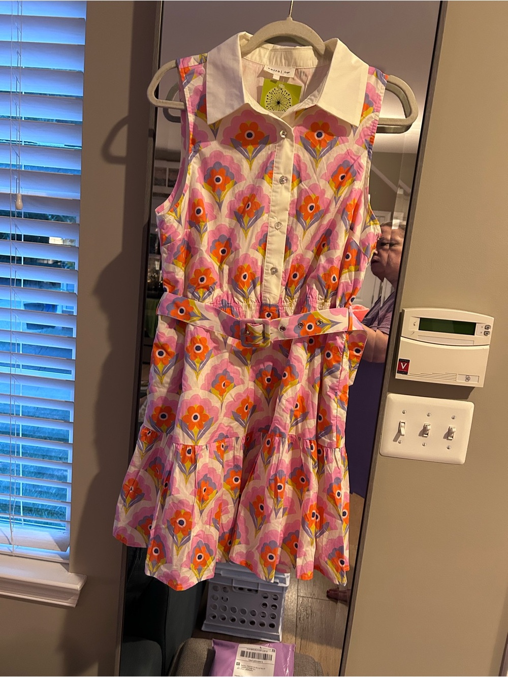 entro Sleeveless Floral Shirt Dress in Pink and Orange with White Collar - Picture 3 of 8
